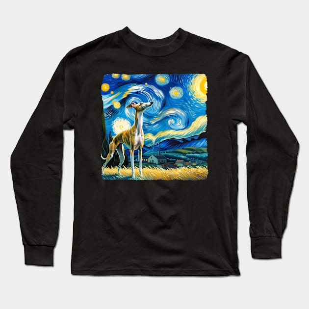 Starry Whippet Dog Portrait - Pet Portrait Long Sleeve T-Shirt by starry_night